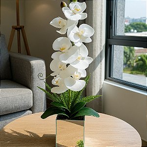 Arranjo Orquidea Branca Siliconada Com Vaso Espelho