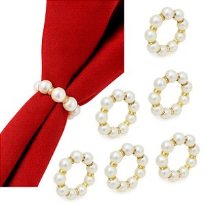 Argola Porta Guardanapo Perola Com Strass Mesa Posta Elegante Kit 6peças