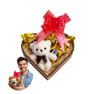 1 Cesta Presente Coração Pelucia e Bombons Coração Mdf P
