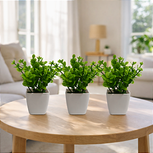 Trio Vasinhos Decorativos Com Plantinha Folhagem Eucalipto Artificial