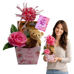 1 Cesta Presente Dia Das Mães Rosa Pelucia Ferrero Rocher Com Cartão