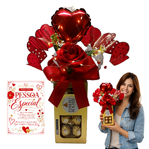 Rosa Vermelha Com Ferrero Rocher , Led , Balão e Cartão Dia Dos Namorados