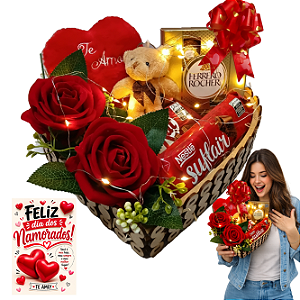 1 Presente Dia Dos Namorados Coração Rosa Vermelha Ferrero Led Cartão