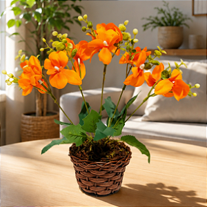 Arranjo Orquidea 5 Galhos Com Vaso Estilo Junco Laranja