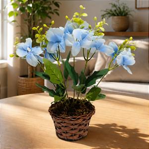 Arranjo Orquidea Azul 5 Galhos Com Vaso Estilo Junco