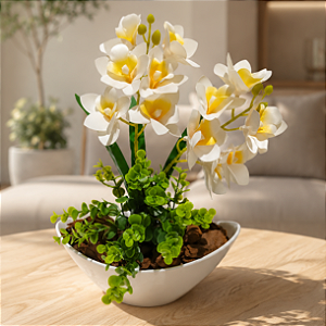 Orquidea Branca Siliconada Com Vaso Canoa Cascalho Natural Montado Pronto