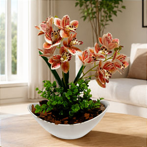 Arranjo Orquidea Rosa Rajada Siliconada Com Vaso Canoa Cascalho Natural Montado Pronto