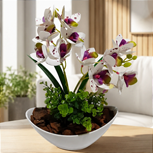 Arranjo Orquidea Branca Tigre Siliconada Com Vaso Canoa Cascalho Natural Montado Pronto