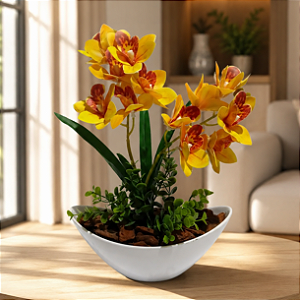 Arranjo Orquidea Laranja Siliconada Com Vaso Canoa Cascalho Natural Montado Pronto