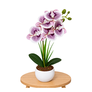 Arranjo Orquidea Vinho Rajado Efeito 3D Realista Com Vaso Musgo Natural Pronto