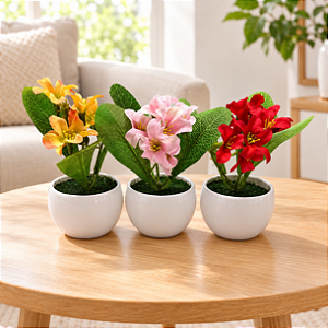 3 Vasinhos Decorativos Flores Lirios Artificial Redondo Mini