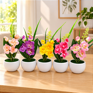 Kit 5 Vasinhos Decorativos Orquidea Artificial Mini Redondo Pronto