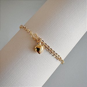 Pulseira Ana Elo Português e Berloque Coração - Ouro 18k