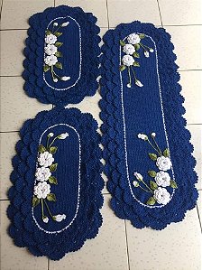 Jogo de tapetes para cozinha em crochê com flores 3 peças  JC006