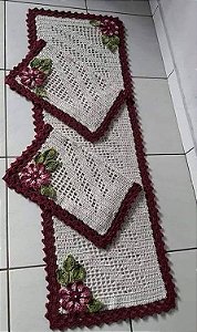 Jogo de tapetes para cozinha em crochê com flores 3 peças JC009
