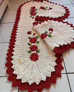 Jogo de tapetes para cozinha em crochê com flores 3 peças JC011