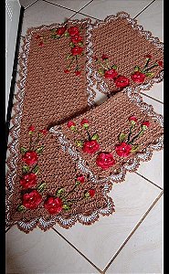 Jogo de tapetes para cozinha em crochê com flores 3 peças JC012