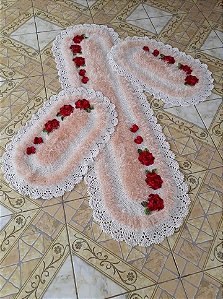 Jogo de tapetes para cozinha em crochê Luxo com flores 3 peças JC035