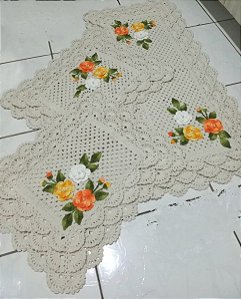 Jogo de tapetes para cozinha em crochê com flores 3 peças JC040
