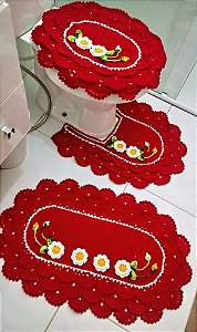 Jogo de tapetes para banheiro em crochê com flores 3 peças JB043