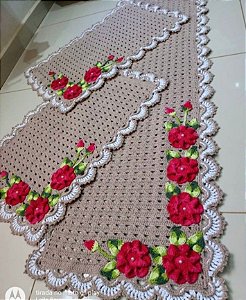 Jogo de tapetes para cozinha em crochê com flores 3 peças JC067
