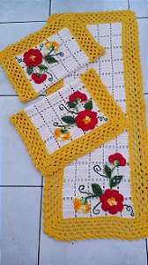 Jogo de tapetes para cozinha em crochê com flores 3 peças JC070