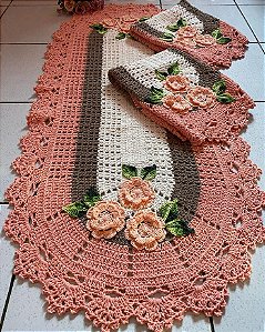 Jogo de tapetes para cozinha em crochê com flores 3 peças JC077