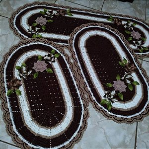 Jogo de tapetes para cozinha em crochê com flores 3 peças JC084