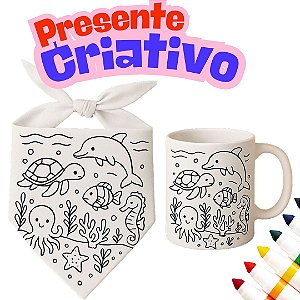 Kit Caneca e Bandana de colorir + brinde canetinhas