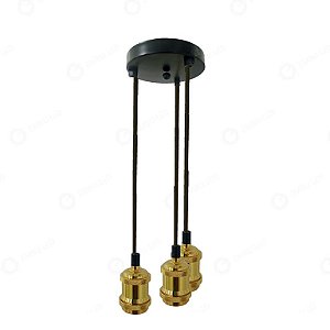PENDENTE TRIPLO FIXO PRETO + DOURADO PARA LÂMPADA E27