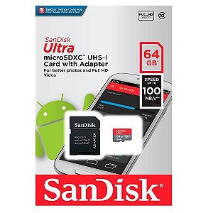 Cartão de Memória Sandisk 64 GB Micro SDXC Ultra Classe 10 com Adaptador - SDSQUNR-064G-GN3MA