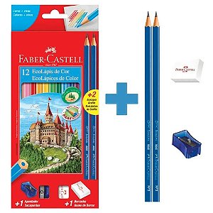 Kit Escolar Lápis de Cor Sextavado 12 Cores + 2 Lápis Max + Apontador + Borracha Faber-castell