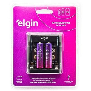 Kit carregador de pilhas e bateria usb + 2 pilhas AA elgin