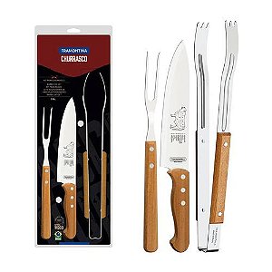 Jogo para Churrasco Tramontina com Lâminas em Aço Inox e Cabos de Madeira Natural 3 Peças