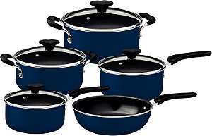 Jogo De Panelas Tramontina Tunis 5 Peças Em Alumínio Com Revestimento Cerâmico Azul Mediterrâneo 28799/111