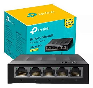 Switch Gigabit de Mesa com 5 portas; Padrões e Protocolos: IEEE 802.3i/802.3u/ 802.3ab/802.3x; Interface: 5× 10/100/1000