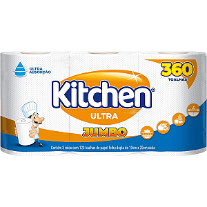 Papel Toalha Kitchen Jumbo Folha Dupla Pack com 360 Folhas de 19X20cm