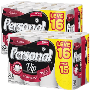 Kit 2 Pacotes Papel Higiênico Personal Higienico Vip Folha Dupla Neutro 32 Rolos de 30 Metros Santher Personal Vip 32