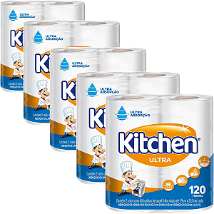 Kit 5 Pacotes Papel Toalha Folha Dupla 120 Folhas Toalha de Papel Kitchen 2 Rolos com 60 Folhas Cada