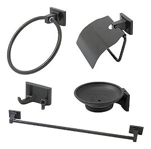 Kit Acessorios Para Banheiro Quadrado 5 Peças Preto Fosco