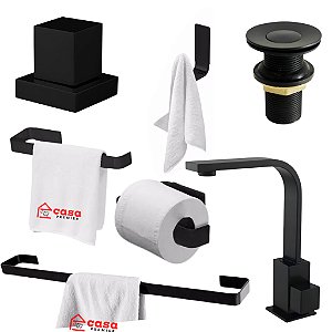 Kit Acessórios Banheiro Luxo Todo Preto Fosco + Acabamento Quadrado Metal + Válvula + Torneira Metal