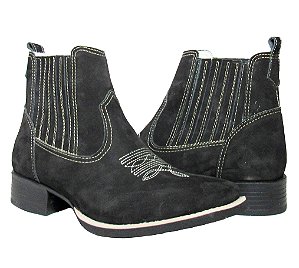 Botina Texana Nobuck Preto Sola Preto Bico Quadrado