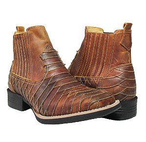 Botina Texana Escamada Camel Sola Preto Bico Quadrado