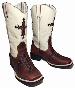 Bota Texana Fossil Cruz Cano Creme Cruz Sola Preta Bico Quadrado