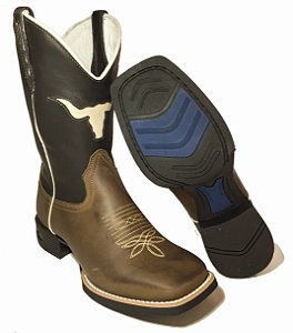 Bota Texana Crazy Horse Cano Boi Preto Sola Preta Bico Quadrado