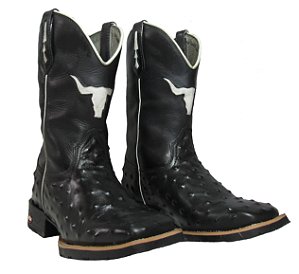 Bota Texana Estampa Avest Preto Sola Preta Bico Quadrado