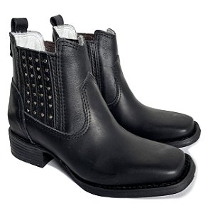 Botina Texana Feminina Fossil Preto Strass Sola Preta Bico Quadrado