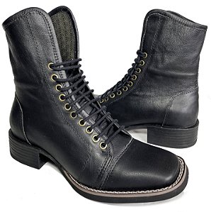 Bota Coturno Country Cano Dobrável Preto Sola Preta Bico Quadrado