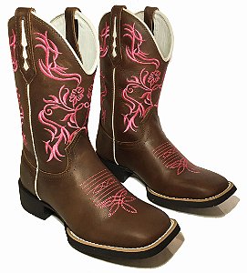 Bota Texana Feminina Pink Trib Sola Preta Bico Quadrado