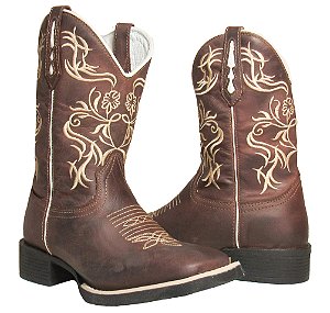 Bota Texana Feminina Brown Trib Sola Preta Bico Quadrado